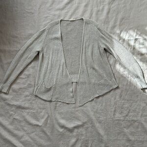 Eileen Fisher Lightweight Cotton Linen Beige Open-Front Patch Pocket Cardigan